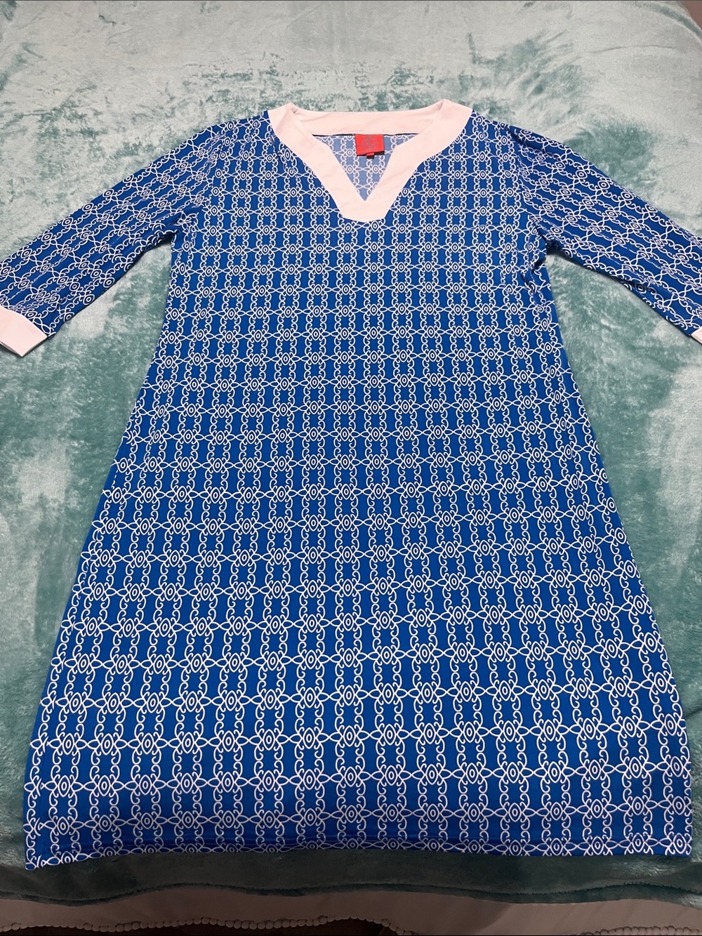 Tracy Negoshian Blue Patterned V-Neck Dress with Pink Trim